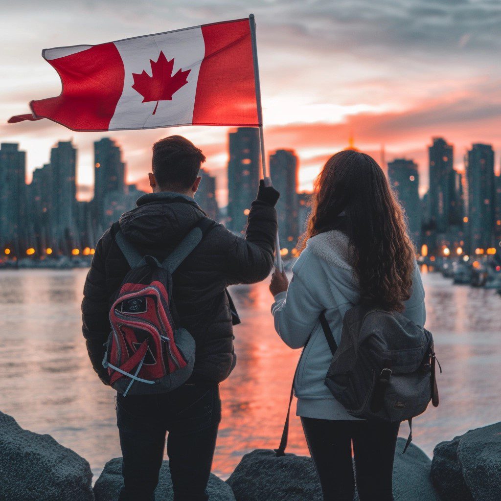 Two people standing holding Canada Flag