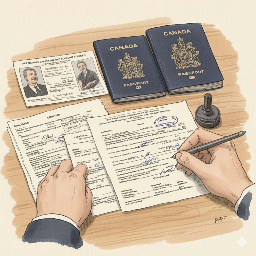 Illustration of a person completing a statutory declaration with Canadian passports and identification documents on the table,