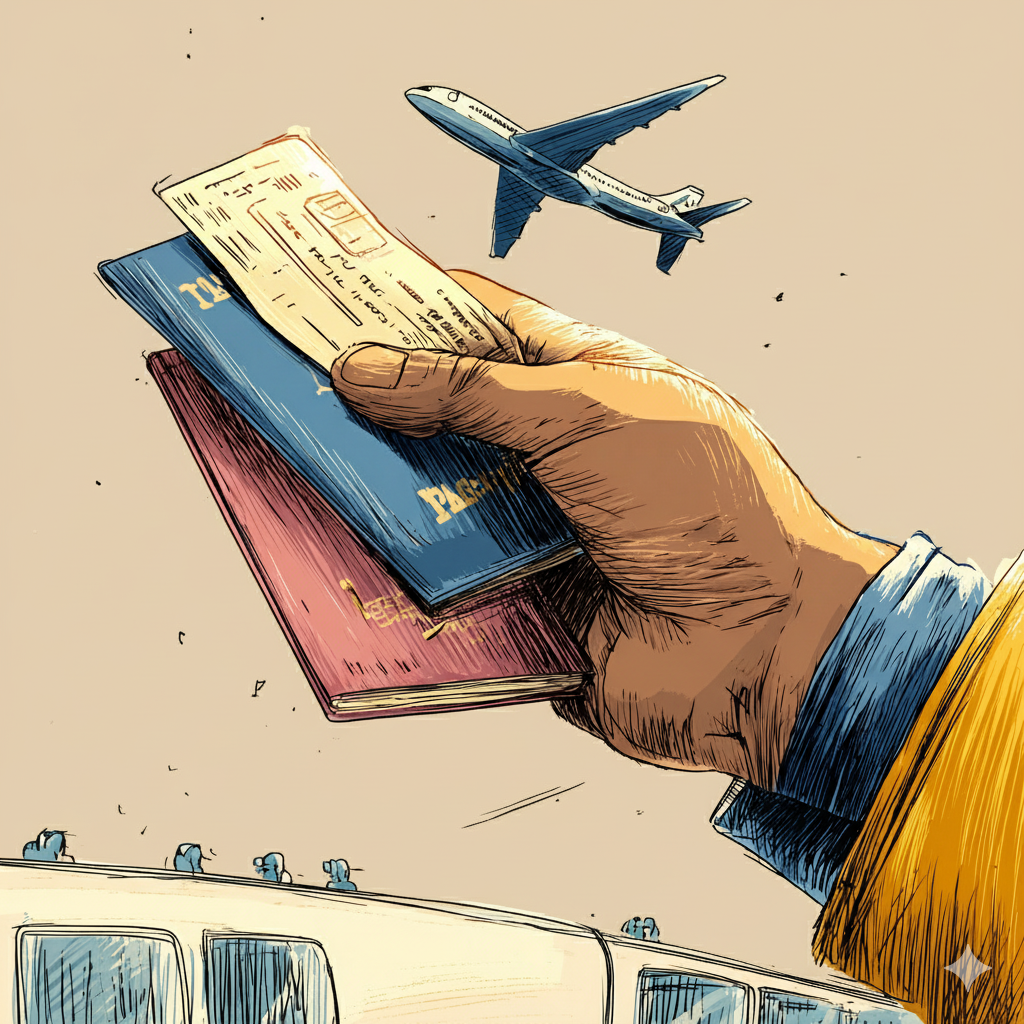 Illustration of a hand holding Canadian passports and a boarding pass with an airplane flying overhead,