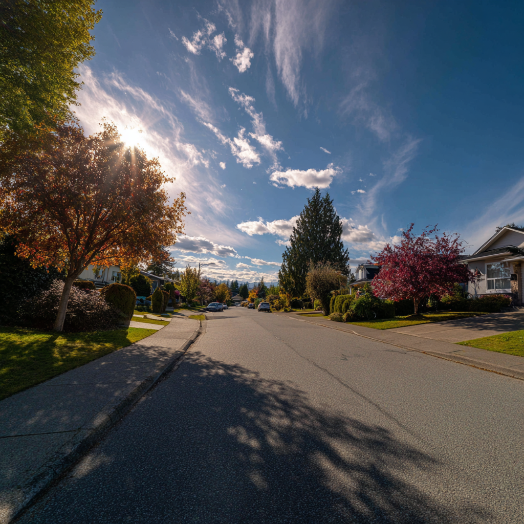 Quiet residential street in Abbotsford, BC on a sunny day — showcasing typical homes involved in real estate conveyancing processes.