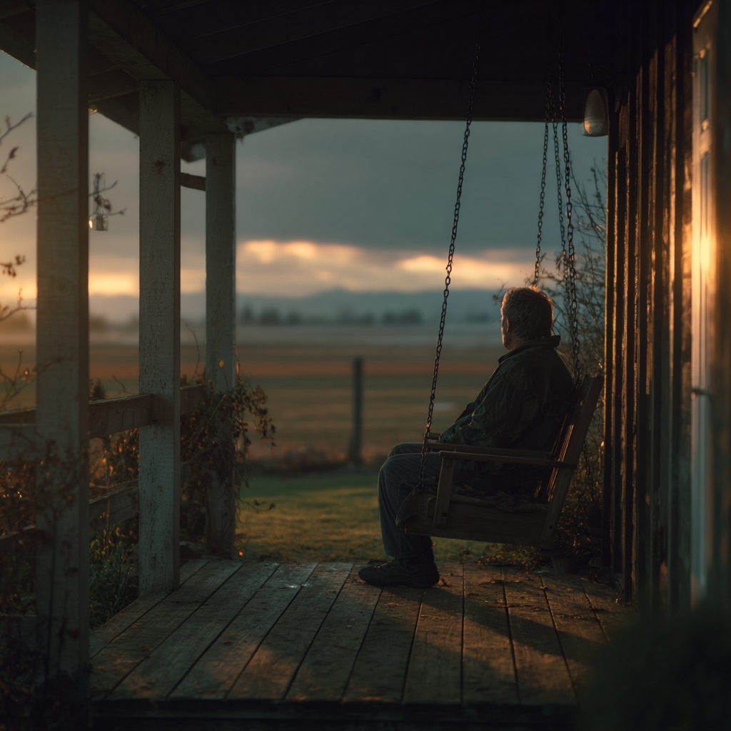 Older man sitting on a wooden porch swing at sunset, overlooking a quiet rural landscape — symbolizing reflection and future planning in estate and will updates.