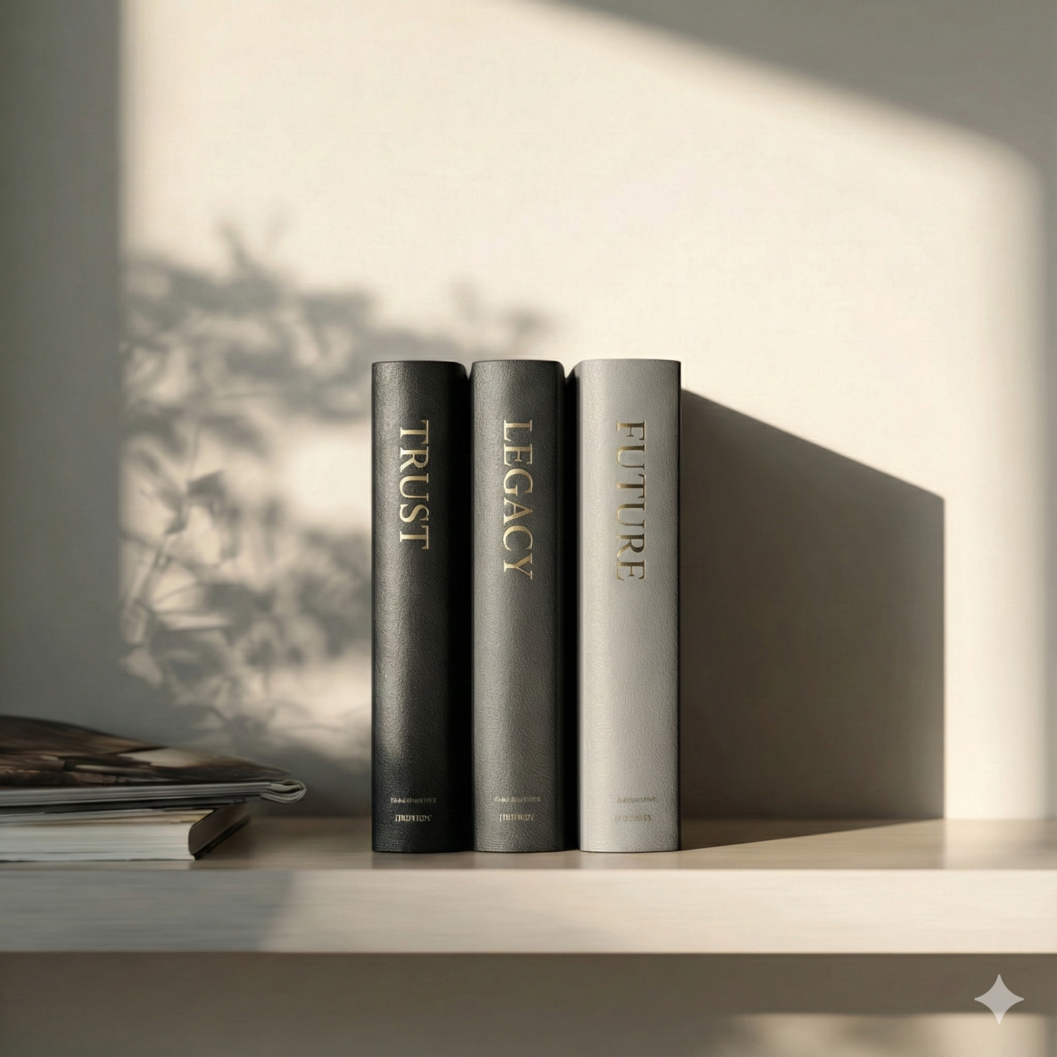 Three hardcover books on a minimalist shelf with titles Trust, Legacy, and Future — symbolizing estate planning values in a calm, modern setting