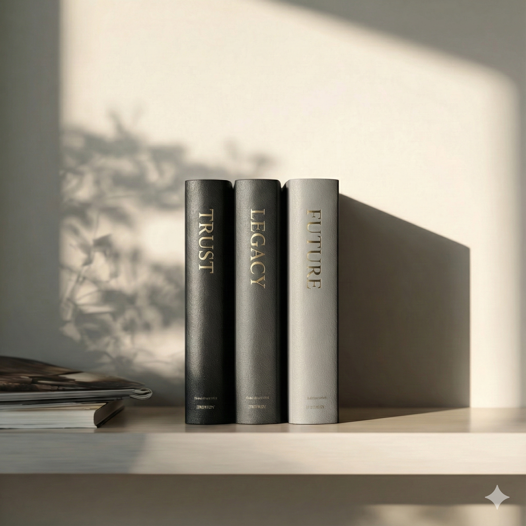 Three hardcover books on a minimalist shelf with titles Trust, Legacy, and Future — symbolizing estate planning values in a calm, modern setting