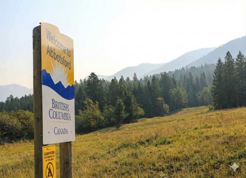 Welcome to Abbotsford sign with forested hills in the background — highlighting the city’s location for local real estate and conveyancing relevance.