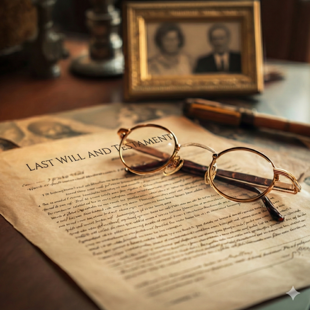 Close-up of a Last Will and Testament document with reading glasses and a fountain pen on a wooden table, framed family photo in background