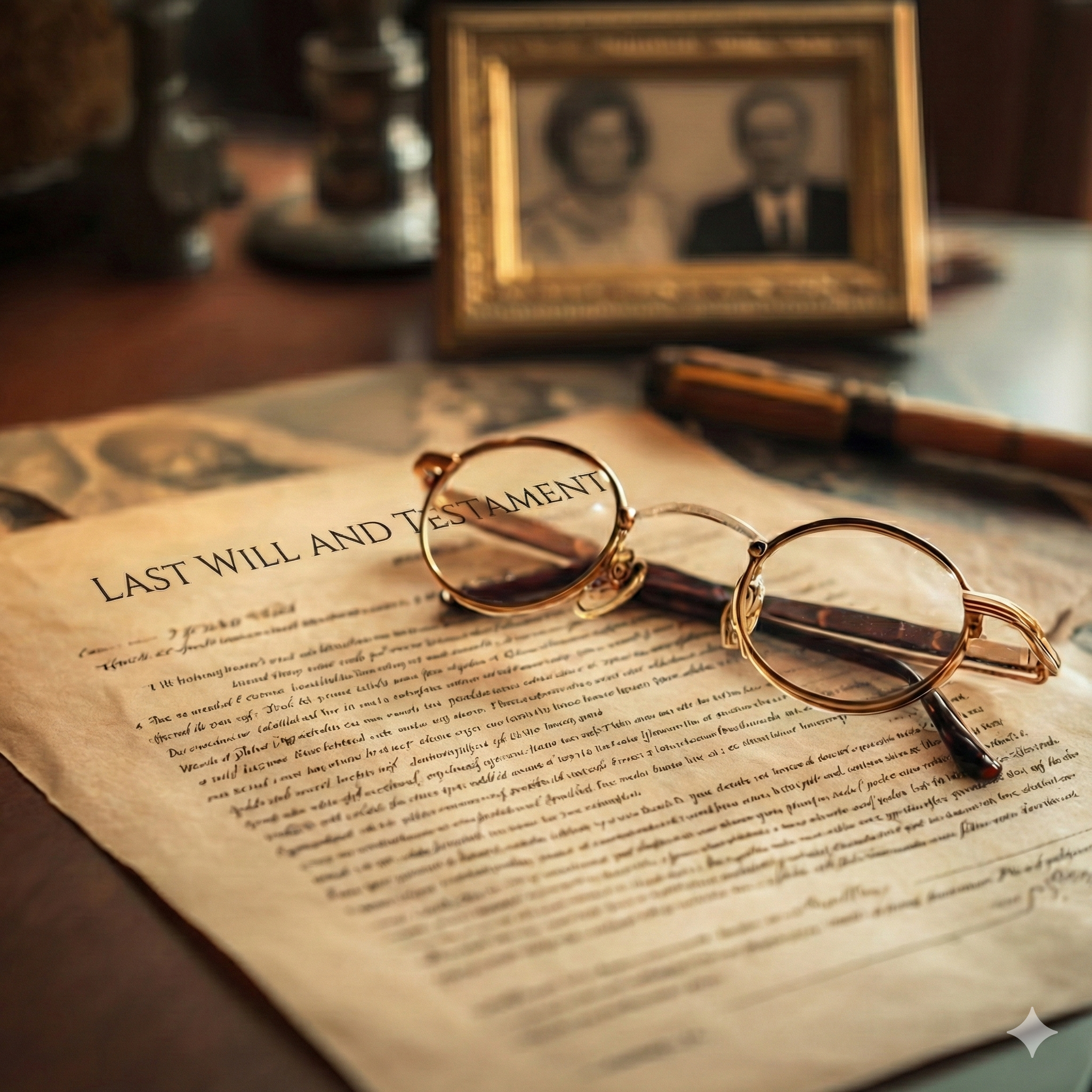 Close-up of a Last Will and Testament document with reading glasses and a fountain pen on a wooden table, framed family photo in background