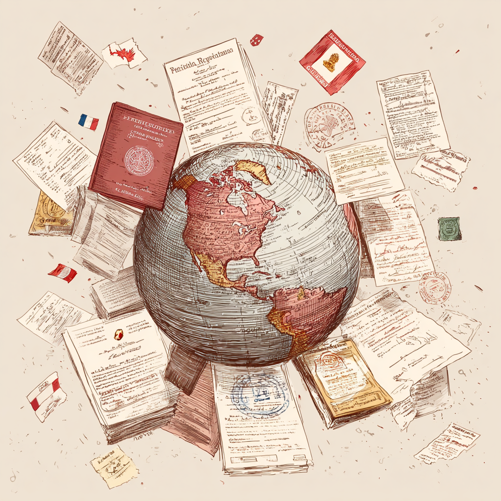 Illustrated globe surrounded by official documents including passports, birth certificates, and legal forms with international stamps and country flags, representing global notarization requirements