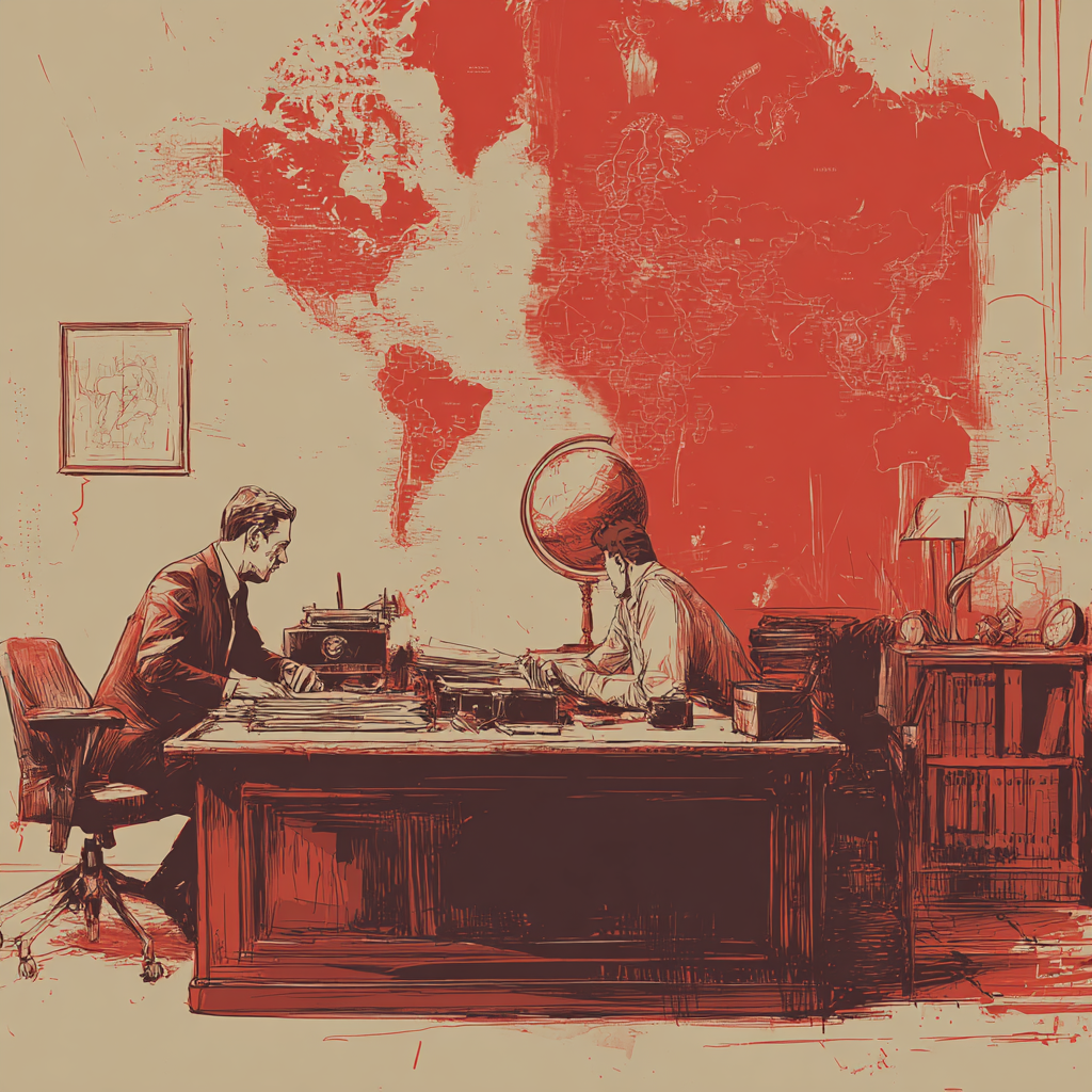 Two professionals reviewing legal documents in an office with a large red world map in the background, symbolizing international notarization and cross-border legal document use