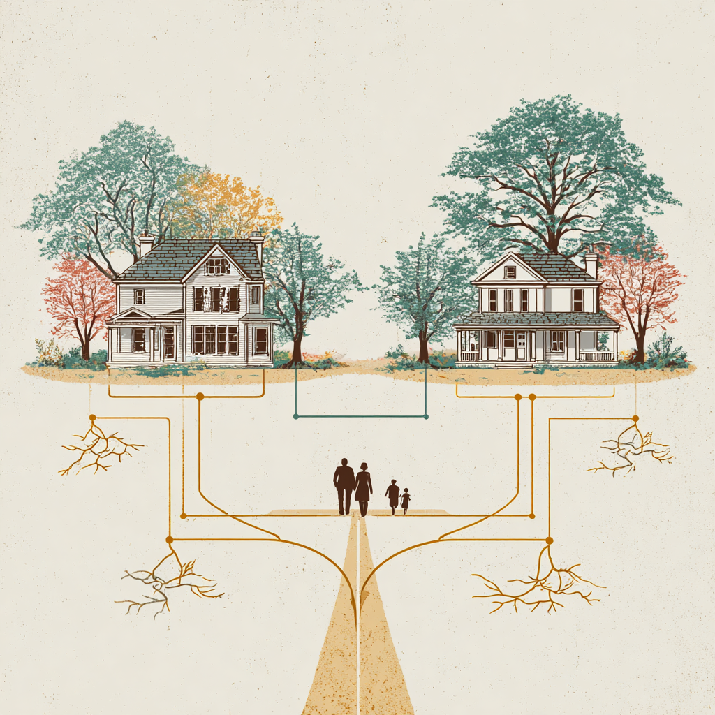 Illustration of two family homes connected by roots and pathways with a blended family walking together, representing estate planning for blended families in BC