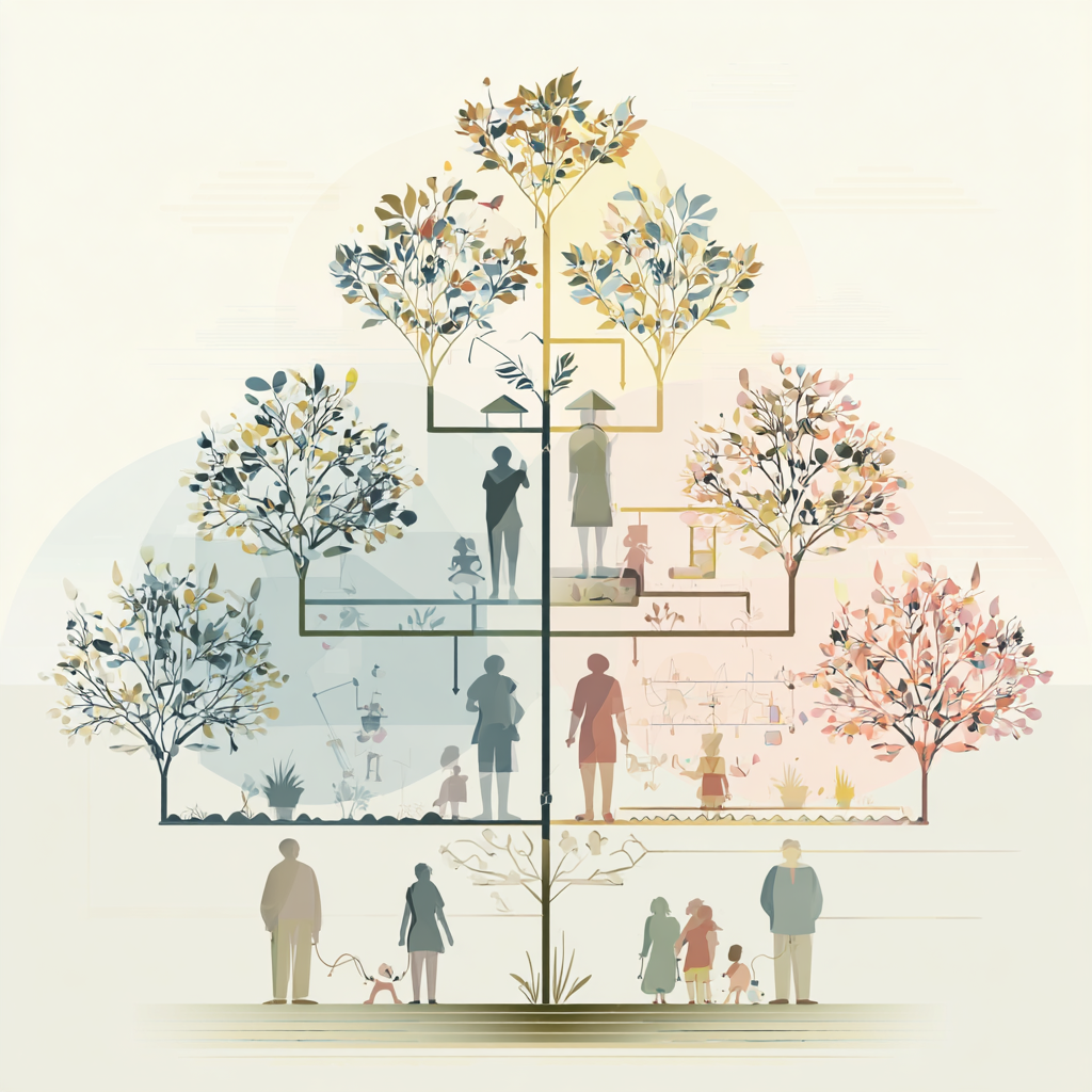 Illustrated family tree showing multiple generations connected by branches, representing how assets are distributed under BC intestacy laws when someone dies without a will