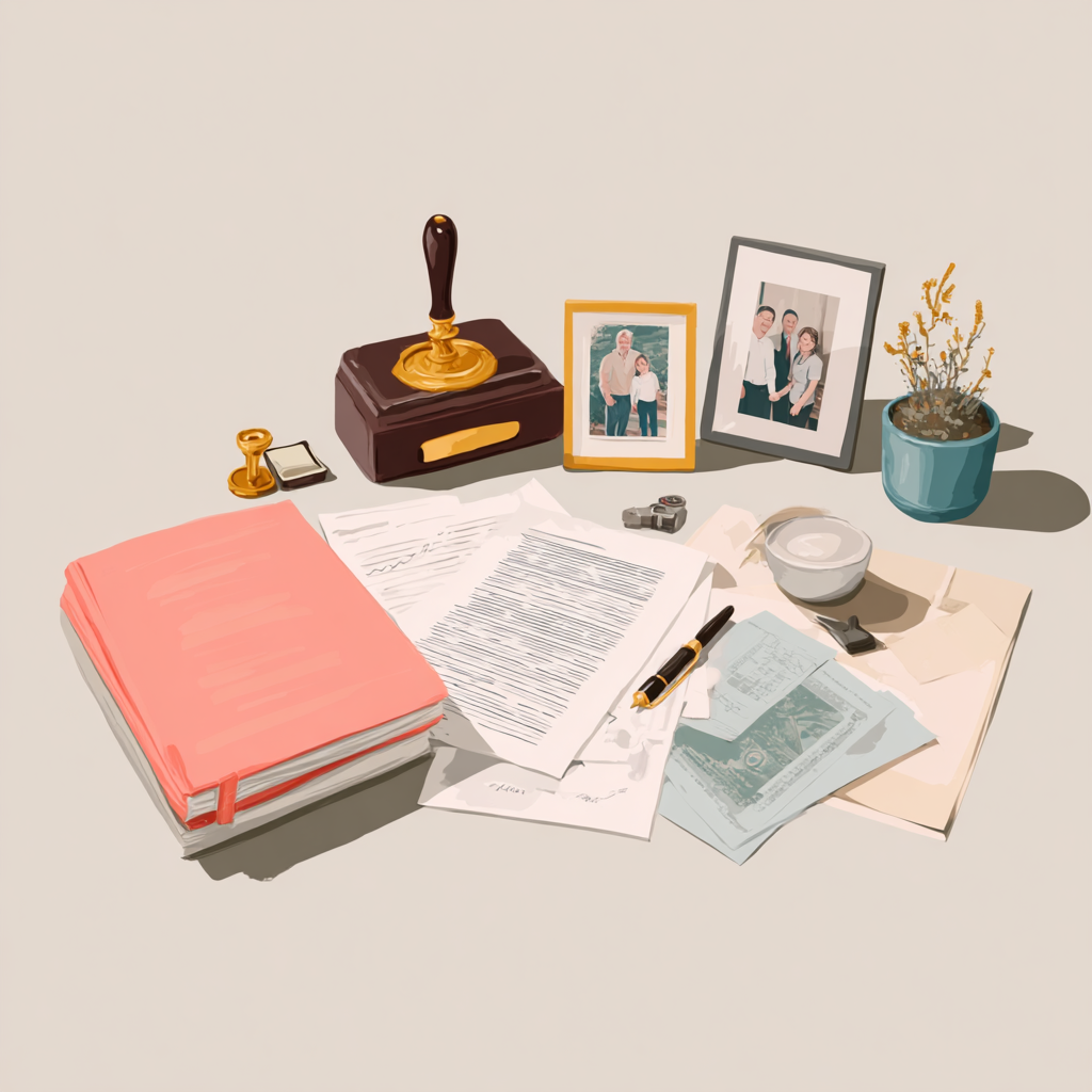 Estate planning documents, notary stamp, fountain pen, and framed family photos on a desk, representing the importance of preparing a will in British Columbia