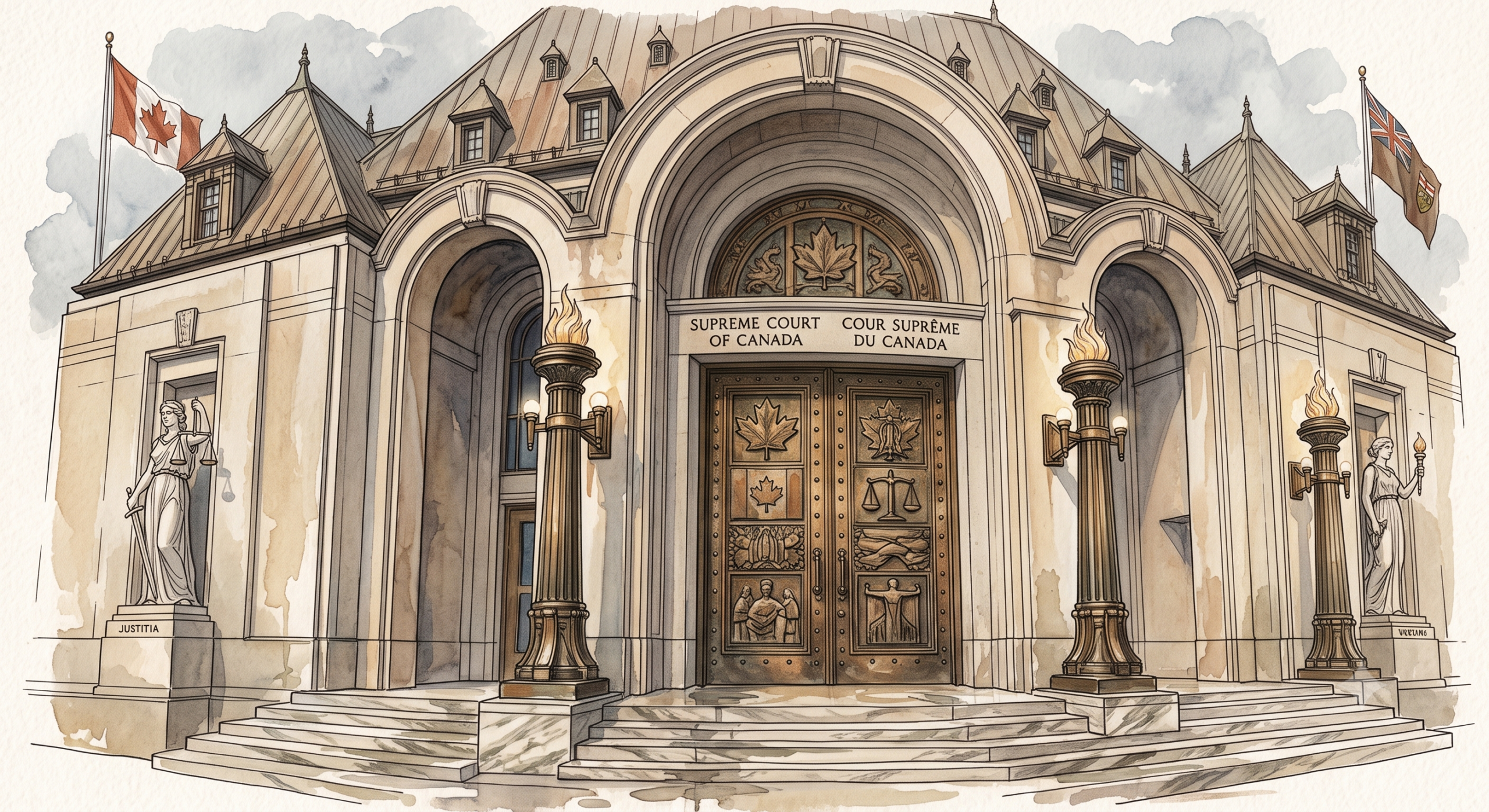 hand-drawn watercolor illustration of the Supreme Court of Canada entrance, representing the formal court process for probate applications in British Columbia