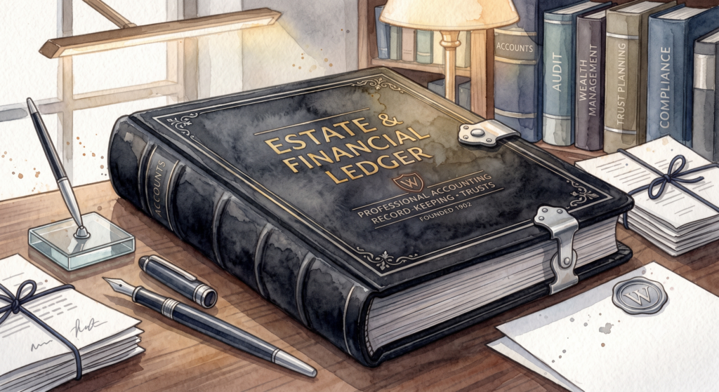 A professional estate and financial ledger on a desk, symbolizing the careful record-keeping and administrative duties required of an executor during estate administration