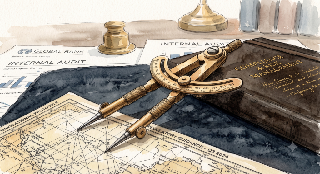 brass drafting compass resting on bank compliance and risk management documents, illustrating the strict internal checklists financial institutions use when reviewing a BC Power of Attorney