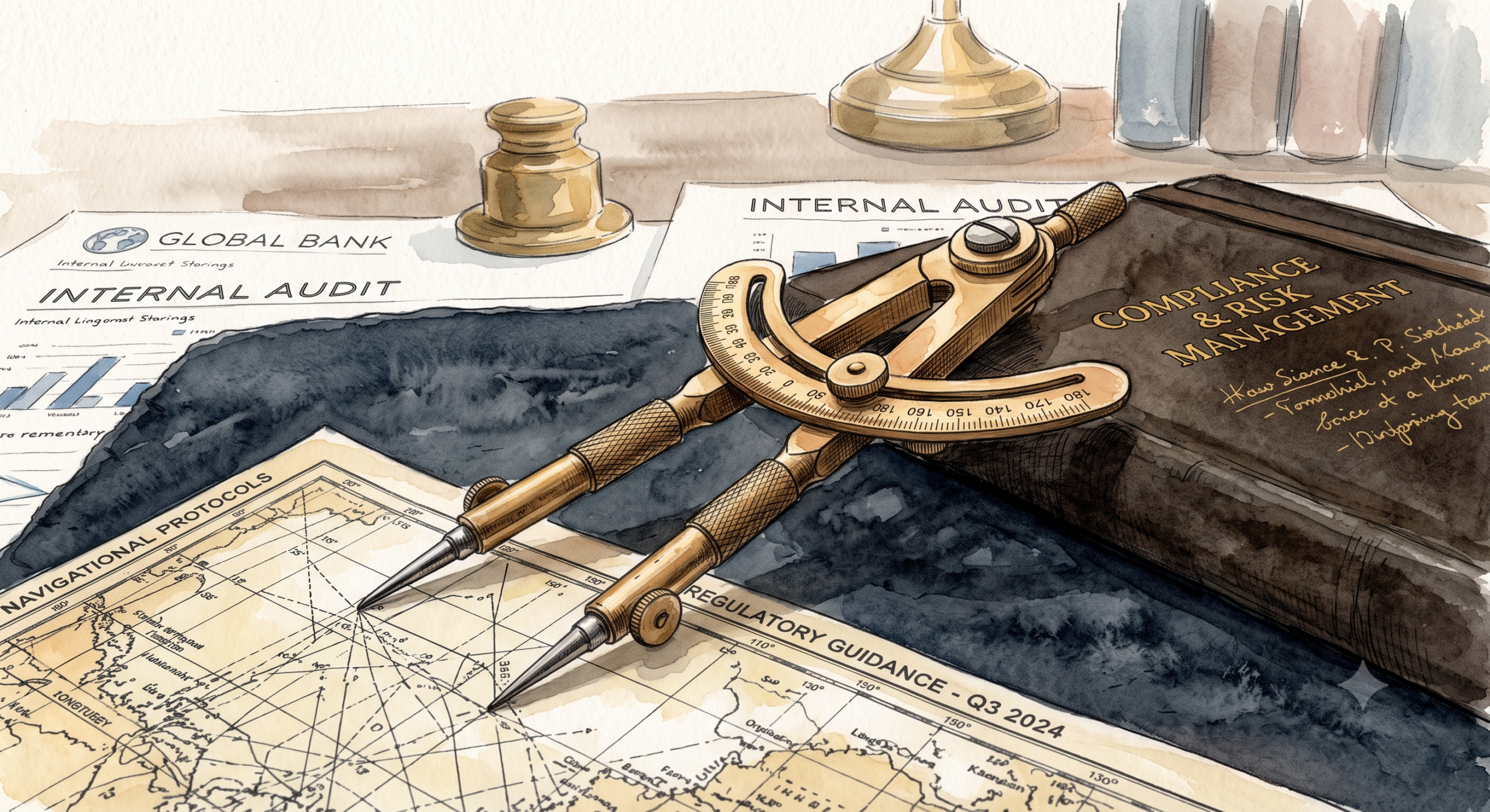 brass drafting compass resting on bank compliance and risk management documents, illustrating the strict internal checklists financial institutions use when reviewing a BC Power of Attorney