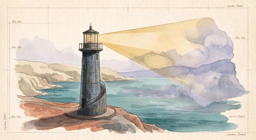 Architectural watercolour sketch of a coastal lighthouse shining a beam through fog, representing a notary guiding clients to properly prepare a Power of Attorney for broad bank acceptance.