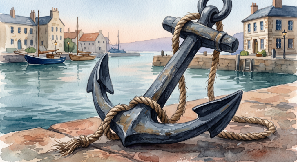 Watercolour illustration of a heavy anchor on a stone pier, symbolizing the legitimate safeguards and internal policies banks use to watch for warning signs of elder financial exploitation.